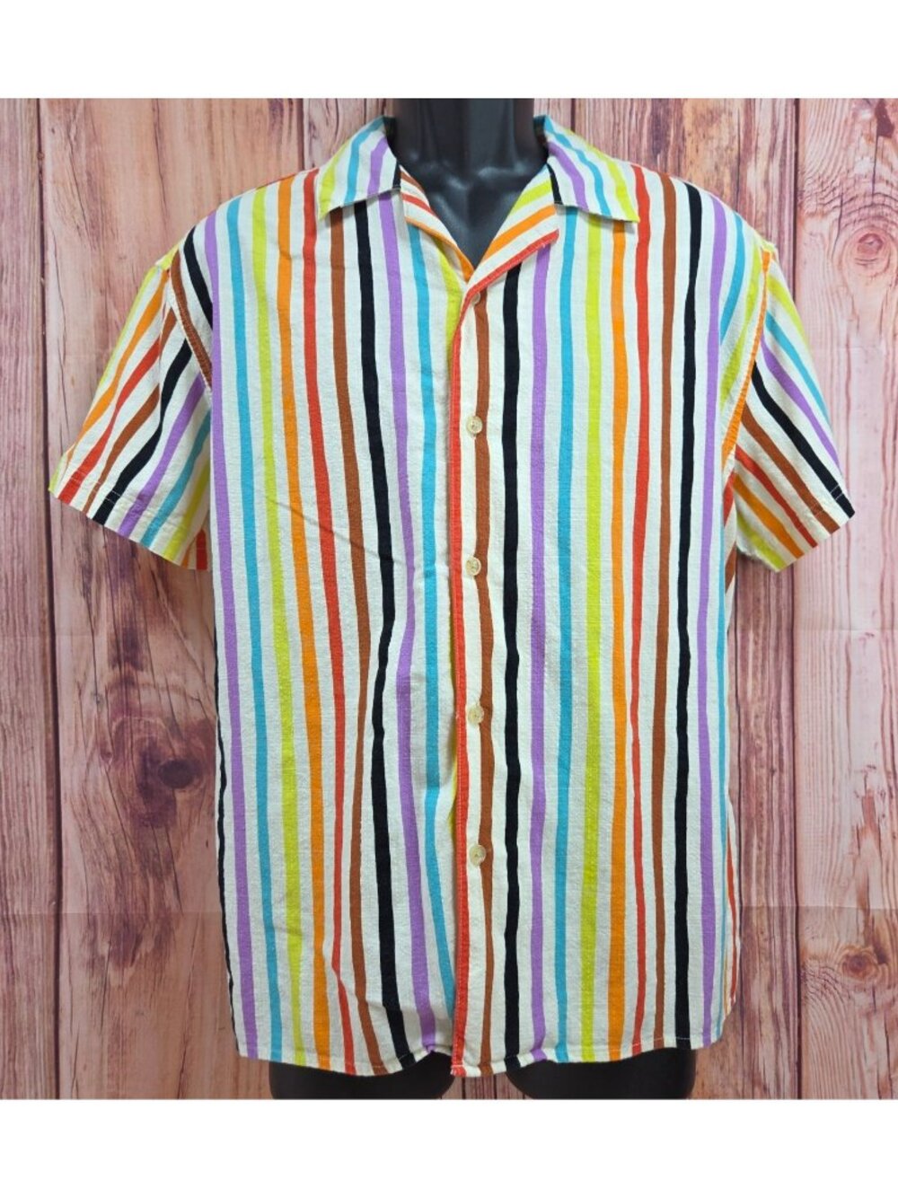 Pride Rainbow Stripe Button-Up Shirt Large Cotton/Rayon Blend Short Sleeve